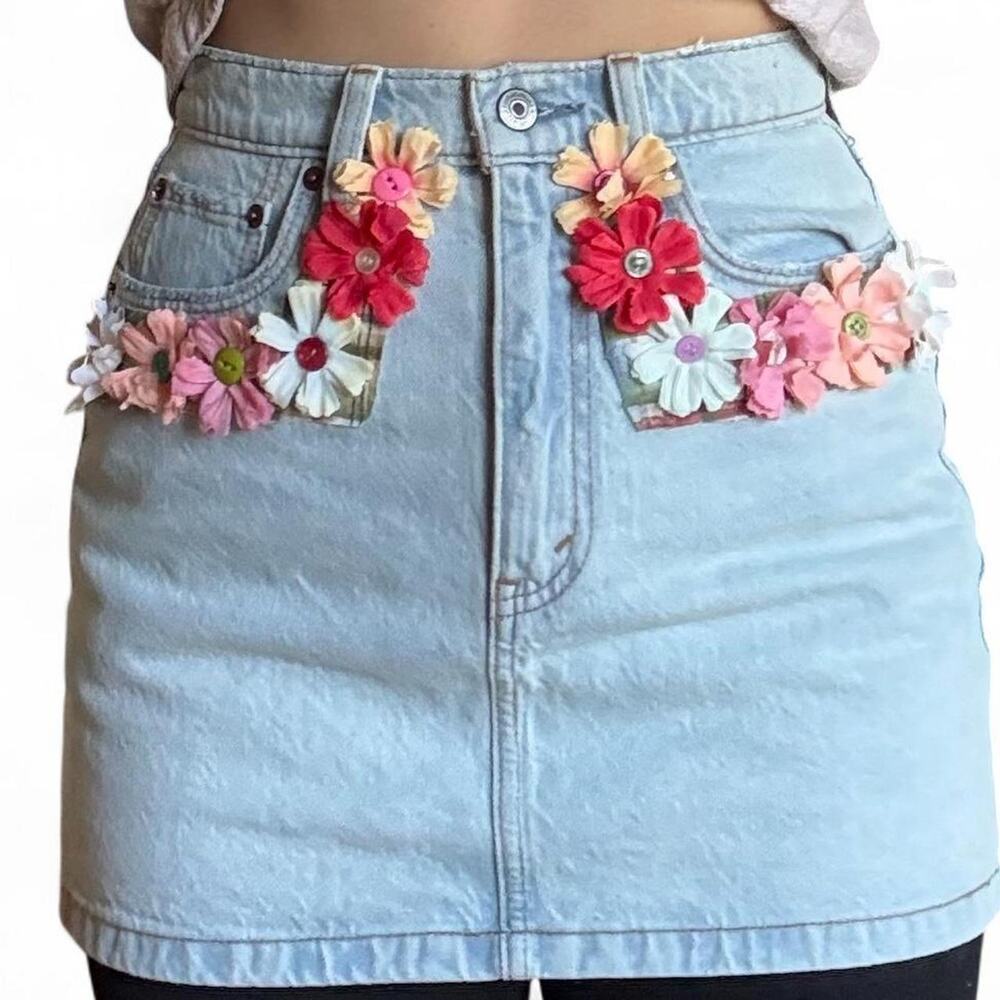 Reworked Abercrombie Denim Mini Skirt Floral Embellished Plaid Handmade Y2K 0/2